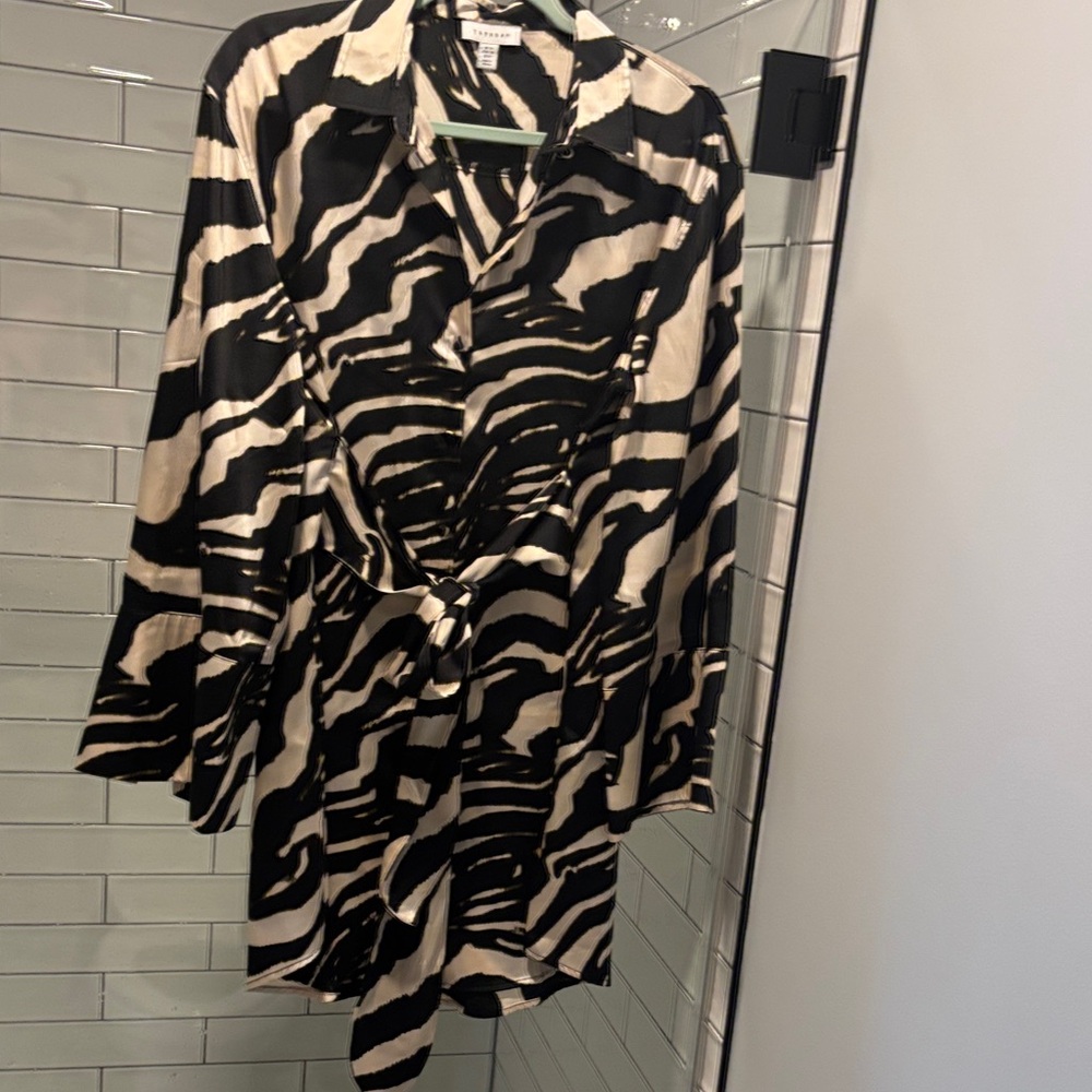 Topshop Zebra-Print Long Sleeve Tie-Waist Dress - Black & Cream